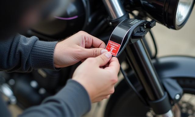 Motorcyclist placing vignette on fork tube
