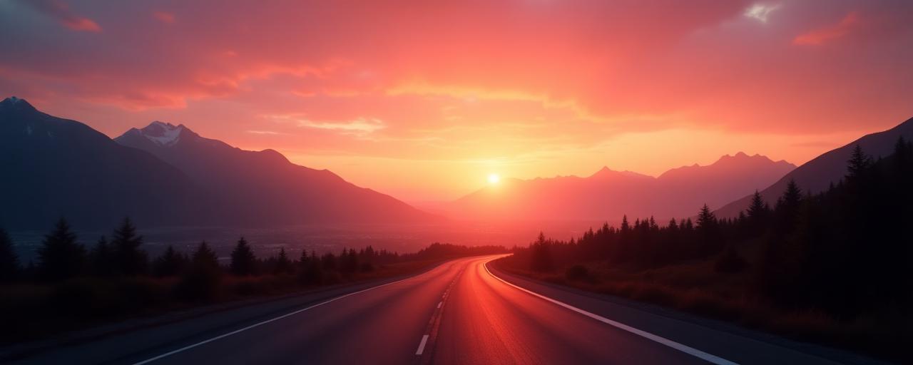 Sunset over Swiss Alps seen from highway