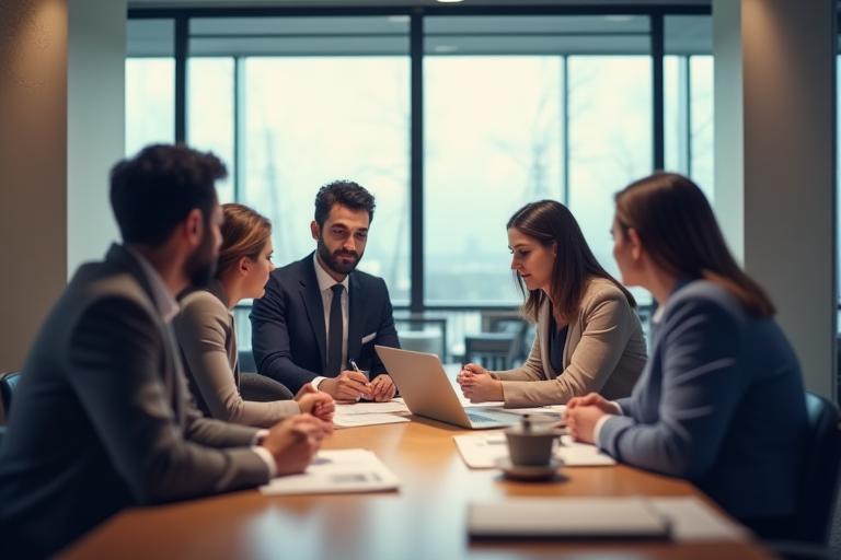 Advisory team discussing vignette regulations in Geneva office